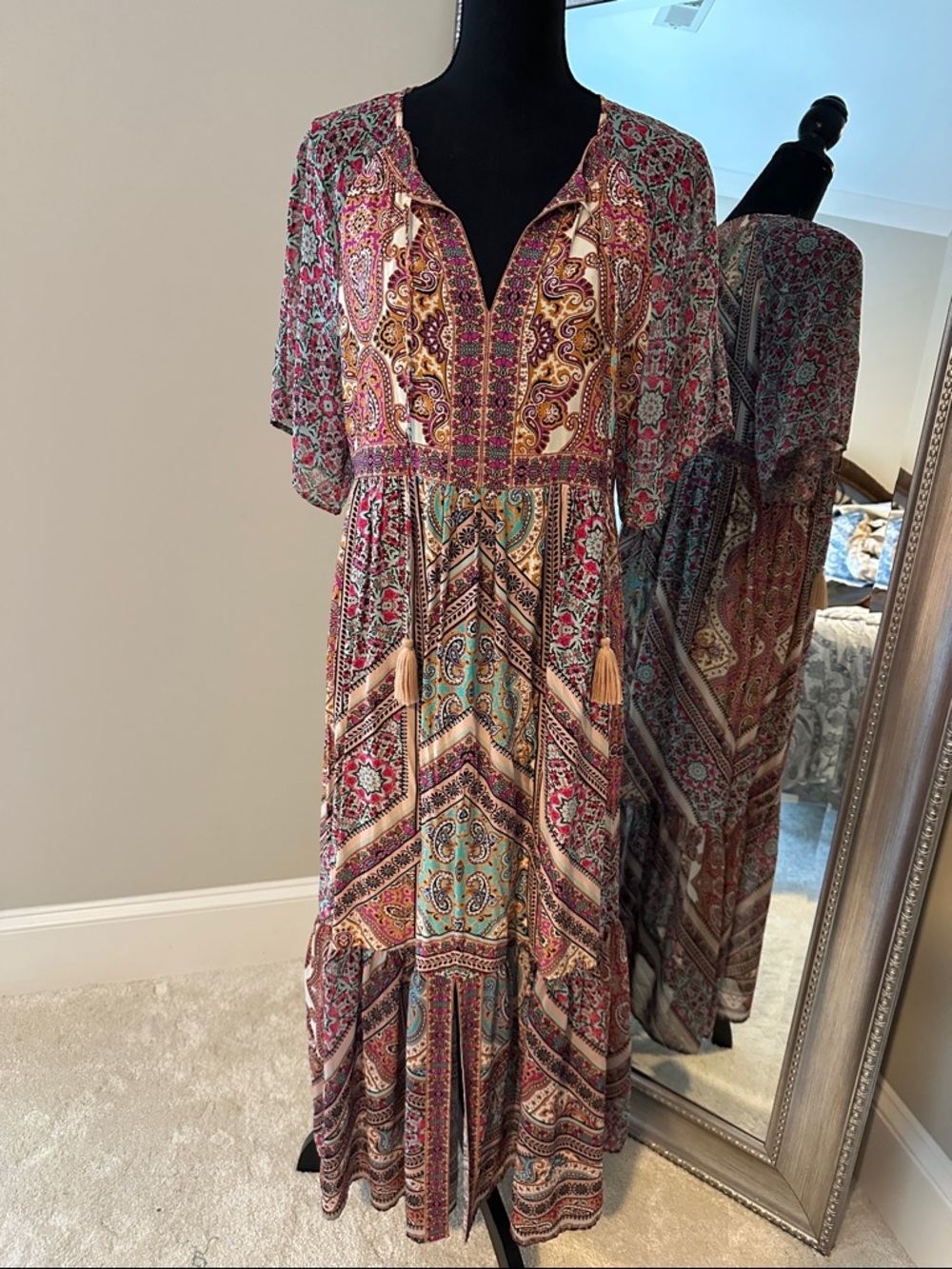Multi-Color Paisley Boho Maxi Dress with Tassel Tie